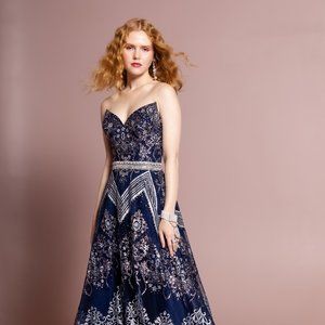 NEW SLEEVELESS A-LINE MESH DRESS EMBROIDERED WITH GLITTER & RHINESTONES GL2649